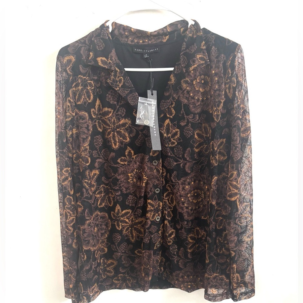 Black Sheer Floral Lace Blouse Sz M Long Sleeve Fairy Whimsigoth Romantic Goth